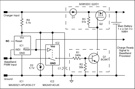 圖2、在圖1電路中添加IC1、IC2，在處理器停止工作時(shí)提供電池保護(hù)。