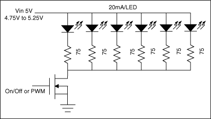 圖1. 大多數(shù)應(yīng)用只是簡單地利用固定偏置電壓(本范例中采用5V)和鎮(zhèn)流電阻(本范例中采用75Ω)，獲得近似匹配的白光LED亮度。