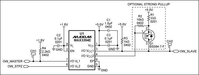 圖1. 1-Wire雙向電平(1.8V至5V)轉(zhuǎn)換器電路原理圖，注意，引腳I/O VL和I/O VCC具有10kΩ內(nèi)部上拉。