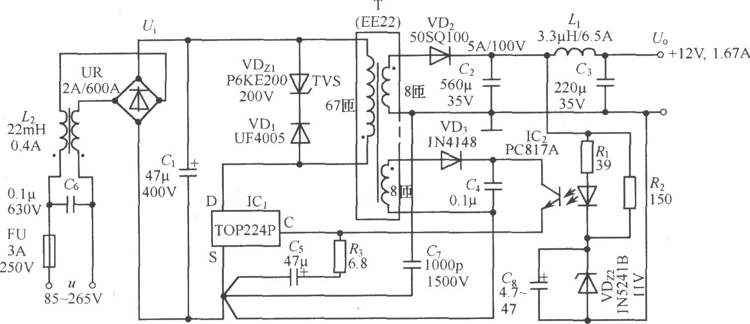 TOP224P構(gòu)成的12V、20W開關(guān)直流穩(wěn)壓電源電路