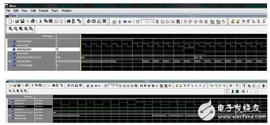 截屏顯示了Moore狀態(tài)機（上）和Mealy狀態(tài)機（下）輸出的仿真結(jié)果
