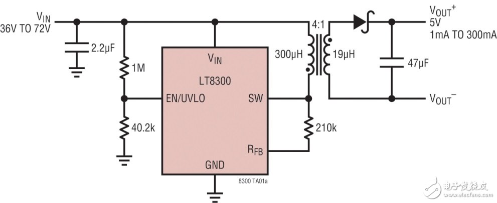 圖1 具主端輸出電壓檢測功能的 LT8300 反激式轉(zhuǎn)換器