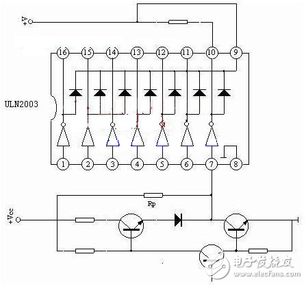 ULN是集成達林頓管IC，內(nèi)部還集成了一個消線圈反電動勢的二極管，可用來驅(qū)動繼電器。它是雙列16腳封裝，NPN晶體管矩陣，最大驅(qū)動電壓=50V，電流=500mA，輸入電壓=5V，適用于TTL COMS，由達林頓管組成驅(qū)動電路。 ULN是集成達林頓管IC，內(nèi)部還集成了一個消線圈反電動勢的二極管，它的輸出端允許通過電流為200mA，飽和壓降VCE 約1V左右，耐壓BVCEO 約為36V。用戶輸出口的外接負載可根據(jù)以上參數(shù)估算。采用集電極開路輸出，輸出電流大，故可直接驅(qū)動繼電器或固體繼電器，也可直接驅(qū)動低壓燈泡。通常單片機驅(qū)動ULN2003時，上拉2K的電阻較為合適，同時，COM引腳應(yīng)該懸空或接電源。