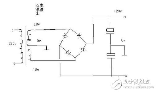 不用兩個(gè)整流橋。用一個(gè)即可，把2個(gè)18伏交流接到整流橋的交流輸入端，把變壓器抽頭0伏接地線（線路板的地線），整流橋直流輸出+ -端接電容器濾波，電容器2個(gè)串聯(lián)之后正極接整流橋正極+，電容器負(fù)極接整流橋負(fù)極-，2個(gè)串聯(lián)的電容器中間引出一根線接地線，也就是雙18伏交流的抽頭。這樣就可以在直流輸出端得到正負(fù)20伏的雙電源了。