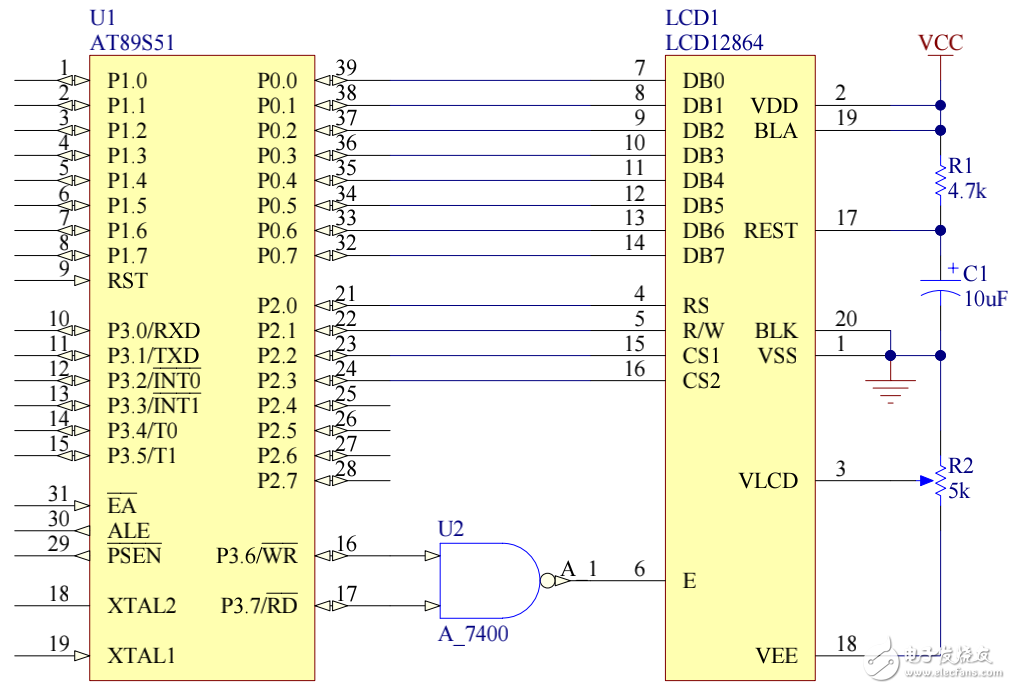 點(diǎn)陣式LCD12864接口與程序設(shè)計(jì)分析及總線驅(qū)動(dòng)模式電路連線圖的介紹